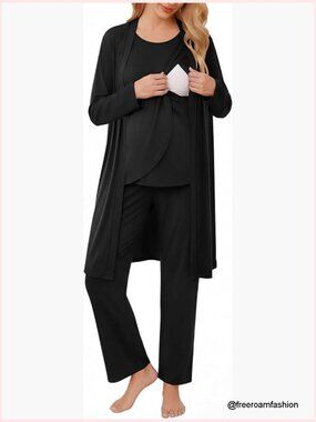 Maternity Nursing Robe Set 3 Pieces Sleeveless Tank Top Pants Pajamas S-XXL